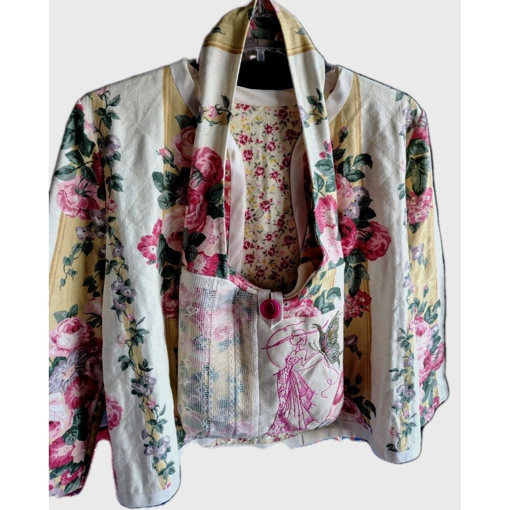 Women's Open Jacket Matching Purse Pockets Floral Embroidery Lace Print New - Picture 3 of 16